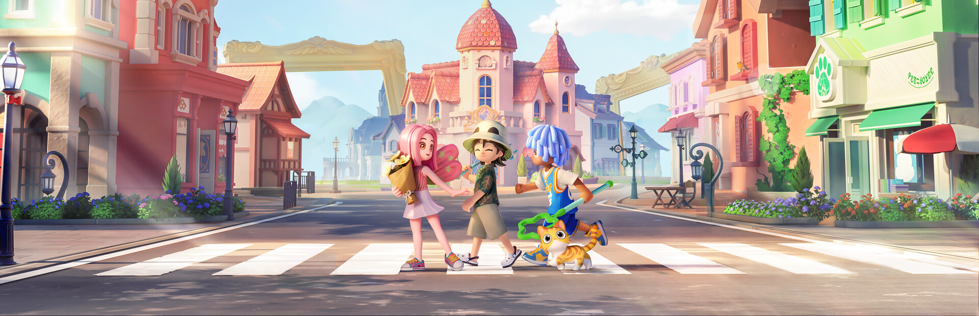 Official Steam library art for Heartopia: three characters on a flower-lined path, with a cottage, a windmill, and distant mountains